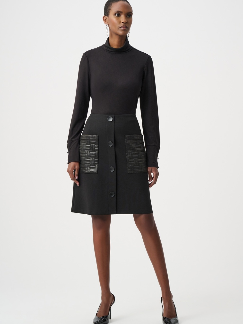 Joseph Ribkoff Black A-Line Button Skirt with Textured Patch Pockets